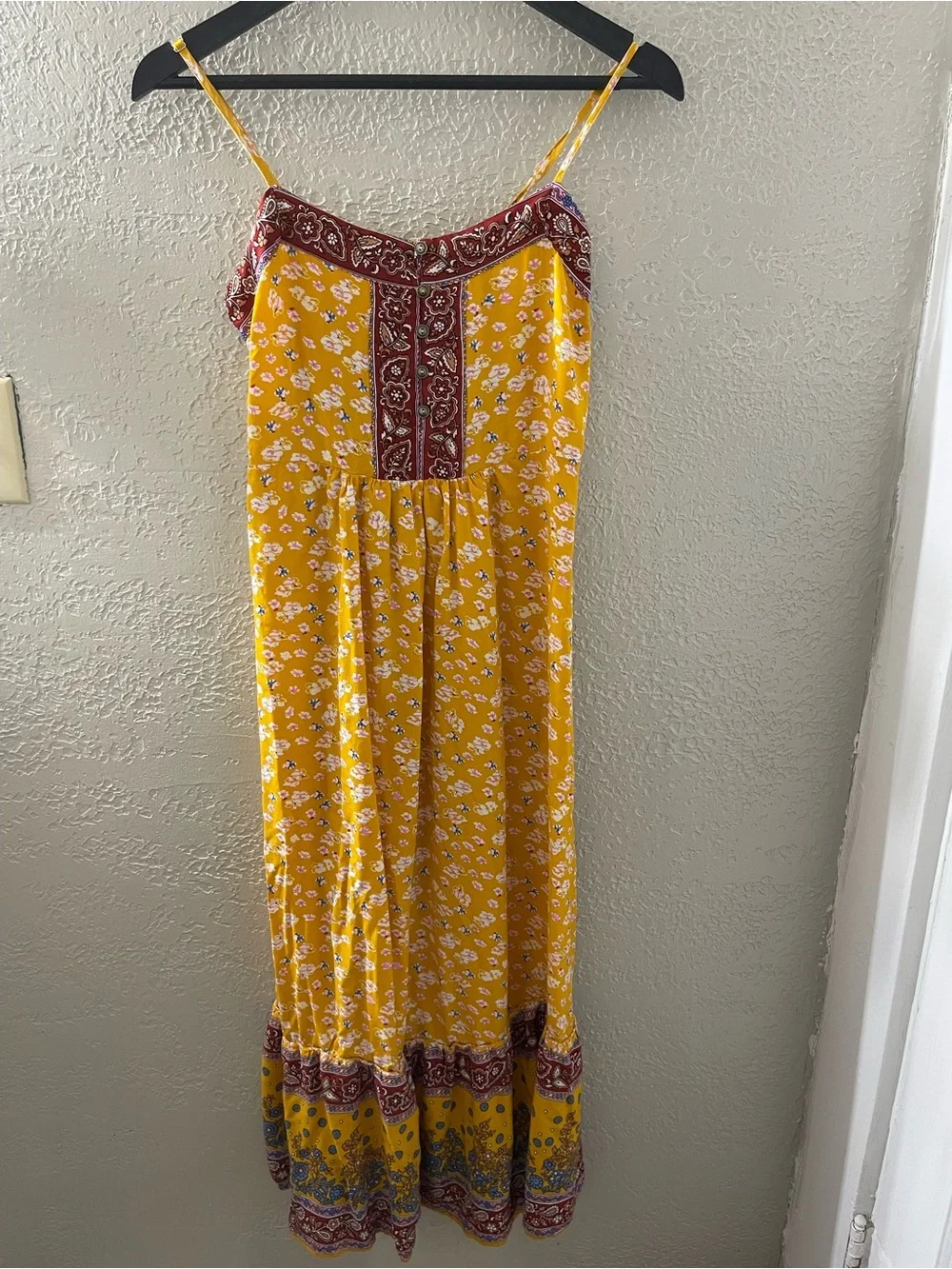 Umgee Women’s Yellow Print Boho Maxi Dress Spaghetti Strap Small‎